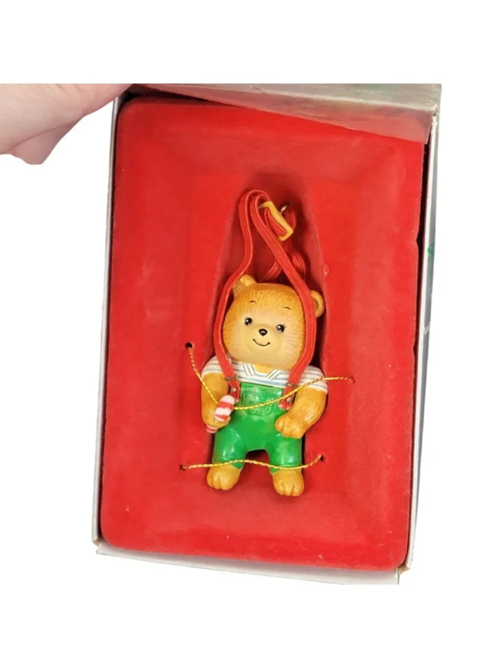 Enesco Vintage 1987 Christmas Tree Ornament Hanging Teddy Suspenders Box 80s Dec